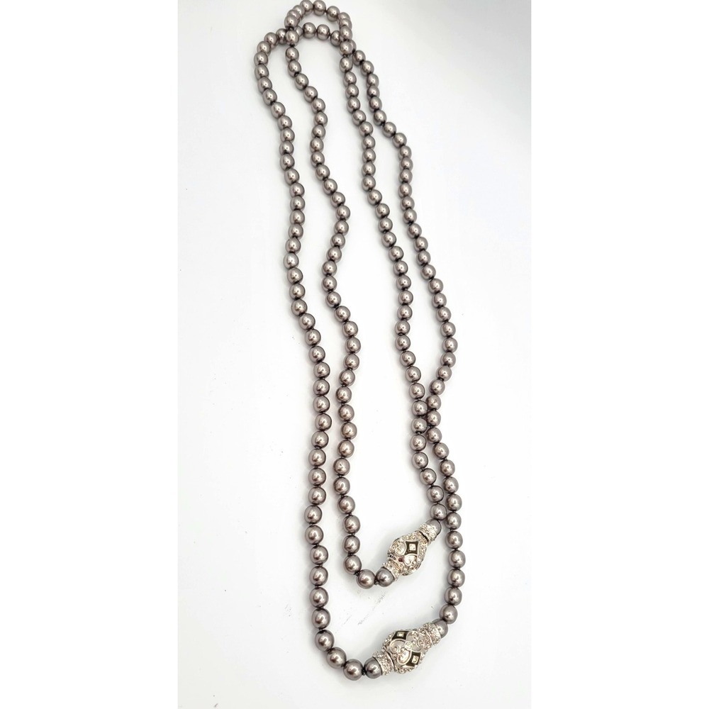 Gray Simulated Pearl Beaded Necklace Silver-Tone Rhinestone Clasp 2 Strands Vtg